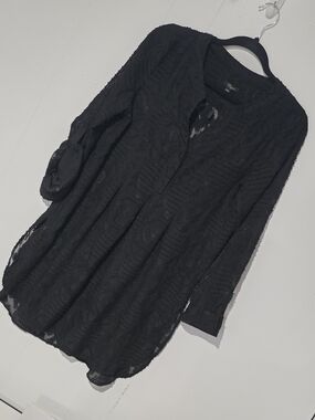 Cupio Black Sheer Textured Tunic Top, Long Sleeves With Buttons.